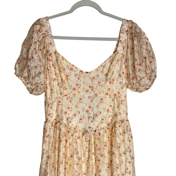 Lulus Floral Puff Sleeve Lace Up Back Midi Dress Womens M Ivory Cottagecore - Picture 5 of 16